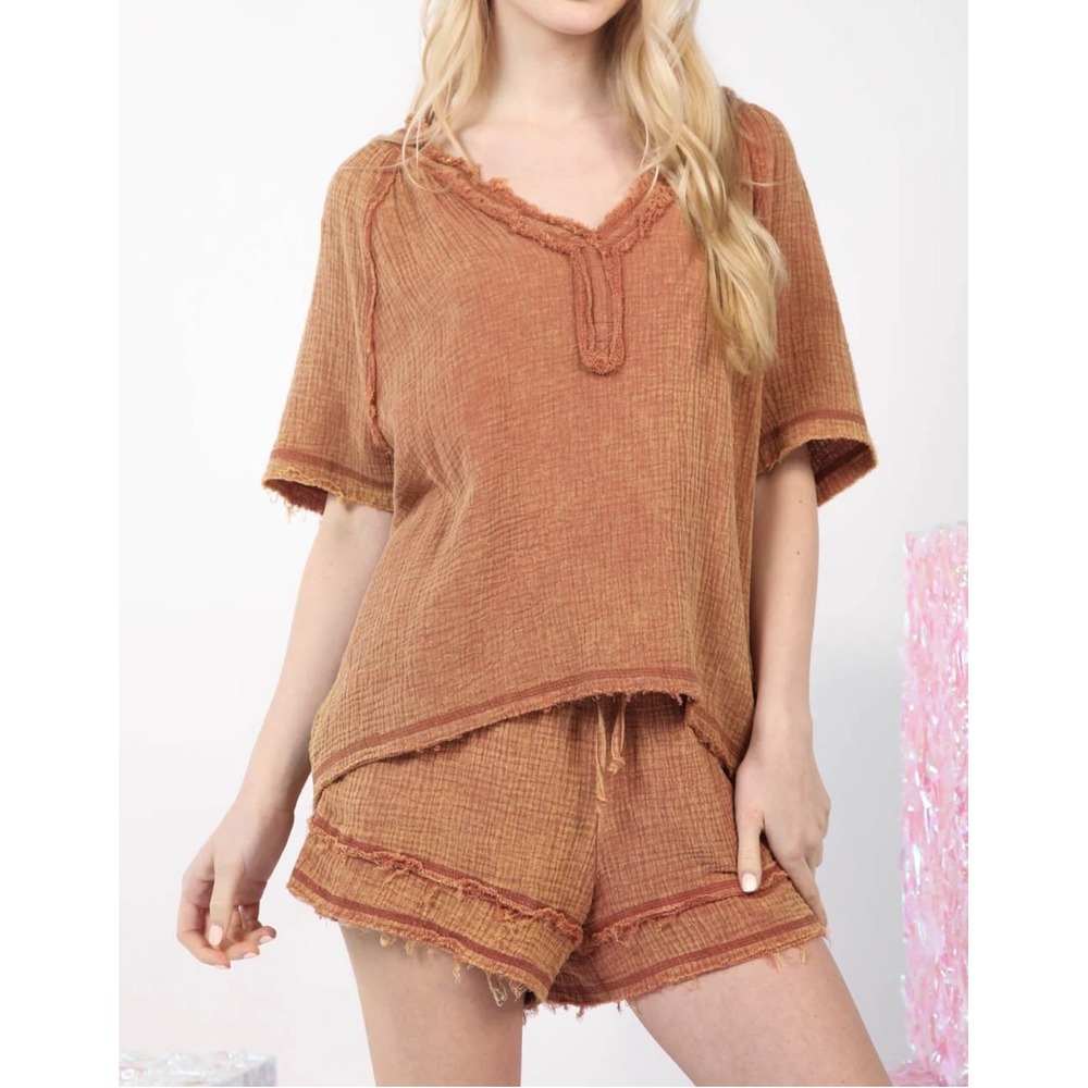 New In Gauze‎ Cotton 2 Piece Set Terracotta Rust Shorts Top Boho  Medium